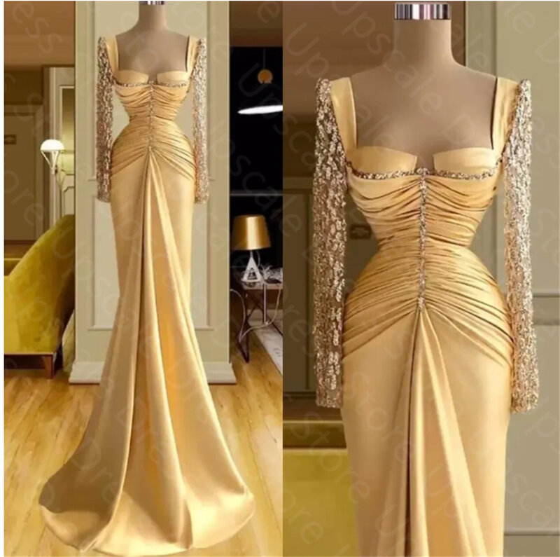 Женское вечернее платье с кружевной аппликацией, желтое плиссированное платье с квадратным воротником, для выпускного вечера