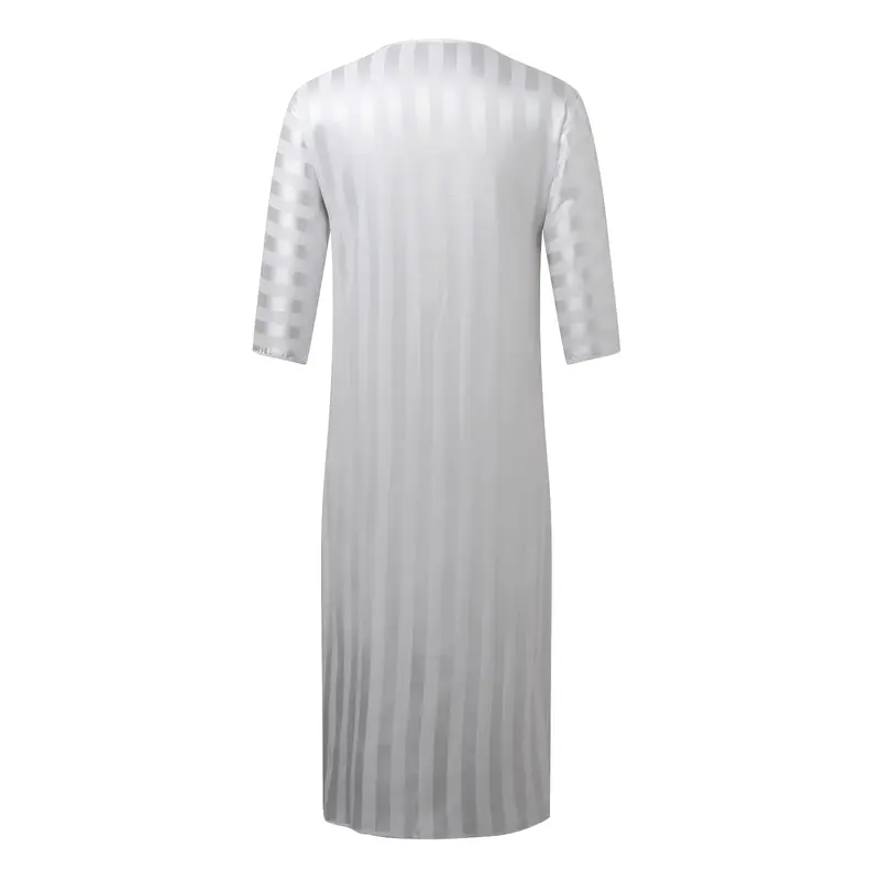 Men's Embroidery Striped Muslim Long Robes Middle East V Neck Half Sleeve Jubba Thobe Saudi Arabia High Quality Islamic Robe
