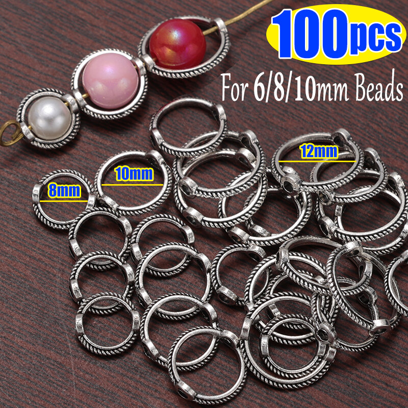 10/100pcs Antique Round Frame Wrapped Bead Connect Rings Spacers Sliver Through Hole Beading Cap DIY Bracelet for Jewelry Making