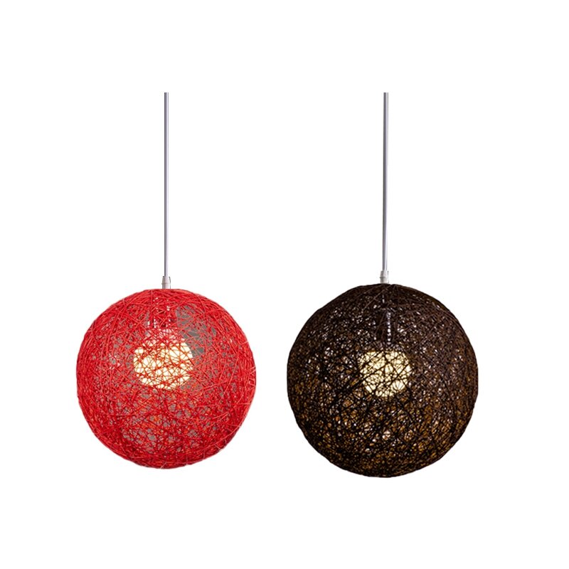 Lustre en boule de bambou, rotin et chanvre, sphères créatives individuelles, abat-jour accent en rotin, rouge et café, 2 pièces