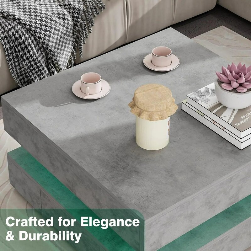 Quadratischer LED-Couch tisch mit grauem Marmor muster-zeitgemäßer multifunktion aler Mittel tisch mit 16 Farblich tern und Fernbedienung, dua
