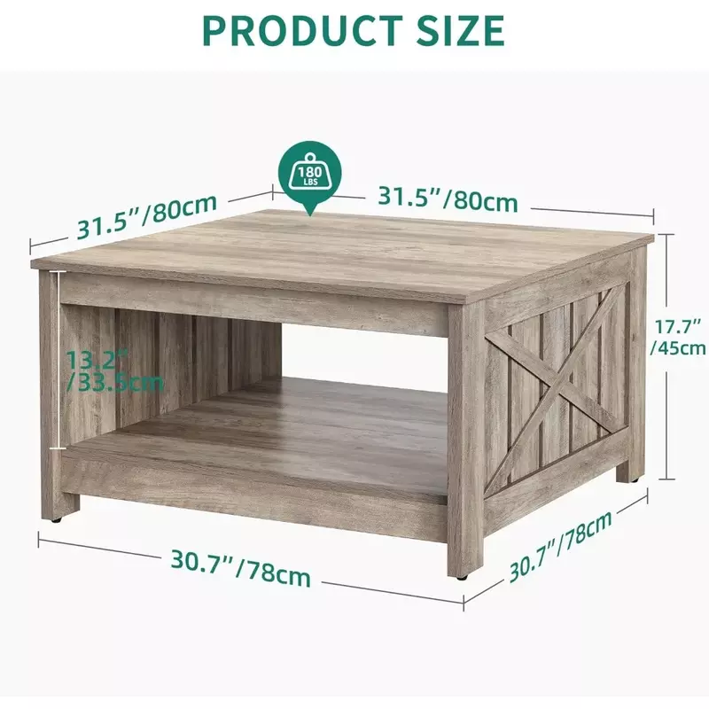 Mesa de centro con almacenamiento para sala de estar, mesa de centro de madera de granja, mesa de centro cuadrada rústica, sala de reuniones, gris rústico