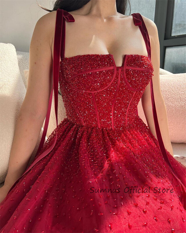 SUMNUS Shiny Red Princess Evening Party Dresses for Wedding Formal Prom Dress Bridesmaid Tied Bow Spaghetti Straps Graduation