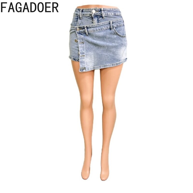 Fanadoer-mini saia jeans para mulheres, denim azul, elástico, cintura alta, botão, magro, verão, novos shorts de cowboy, 2019