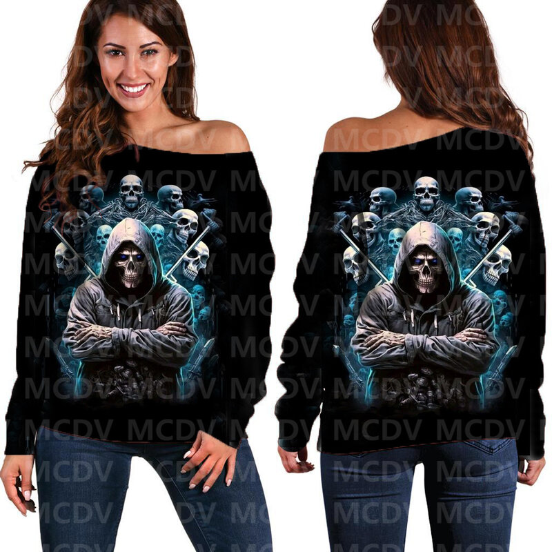 Women's Off Shoulder Sweater Halloween Skull 3D Printed Women Casual Long Sleeve Sweater Pullover 02