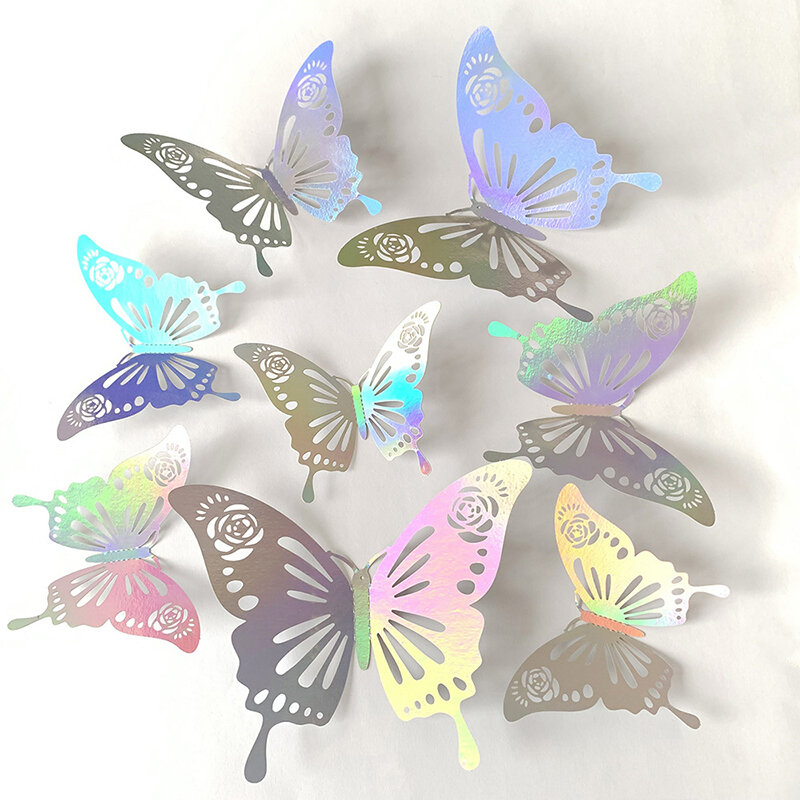 Pegatina de mariposa hueca hecha a mano, 12 piezas, 3D, coloridas mariposas plateadas, decoración de globos para fiesta de cumpleaños
