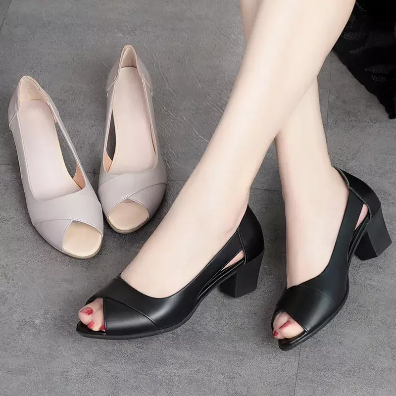 Maogu-Sandalias de tacón para Mujer medio y Punta abierta, Zapatos de verano, calzado de oficina, color negro, 2024