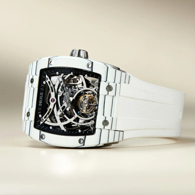 OBLVLO jam tangan otomatis Tourbillon, jam tangan otomatis olahraga Skeleton bercahaya, kotak serat karbon, EM-RT tali karet