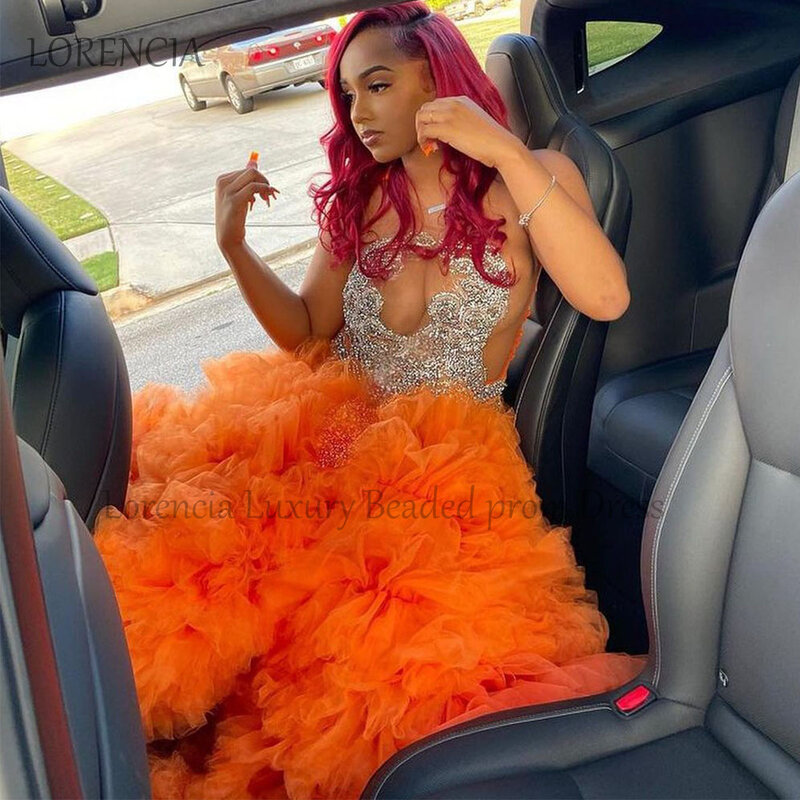 Orange Glitter Mermaid Prom Dresses Beaded Applique Layered Tulle Evening Gowns Sweep Train Black Girls Formal Occasion Dress
