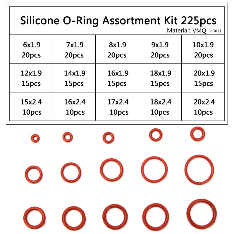PCP Buchse Silikon O-ringe Rot Dichtung Ersatz OD 6mm-30mm CS 1,5mm 1,9mm 2,4mm 3,1mm 15 Größen 225 TEILE/SATZ HG011