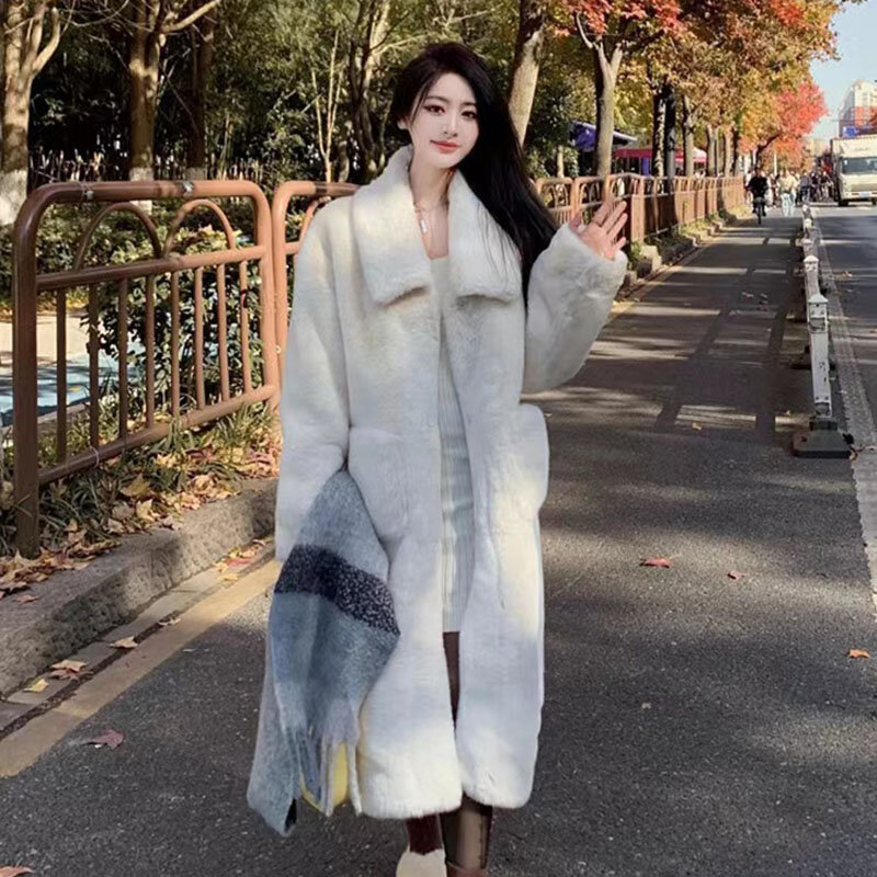 Jaket Midi hangat untuk wanita, mantel Midi bulu palsu hangat musim gugur musim dingin, jaket kasual bersaku Lapel gaya Korea elegan, pakaian luar panjang netral