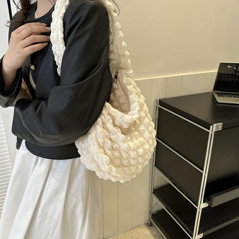 Large Capacity Shoulder Bag Embroidered Plaid Quilted Crossbody Bag Underarm Bag Tote Bag Pleated Bubbles Handbag
