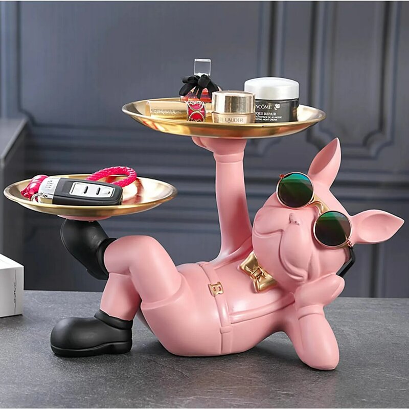 Resin Bulldog Animal Figurine With Key Holder Storage Tray Dog Statue Handicraft Living Bedroom Table Home Interior Decor Model