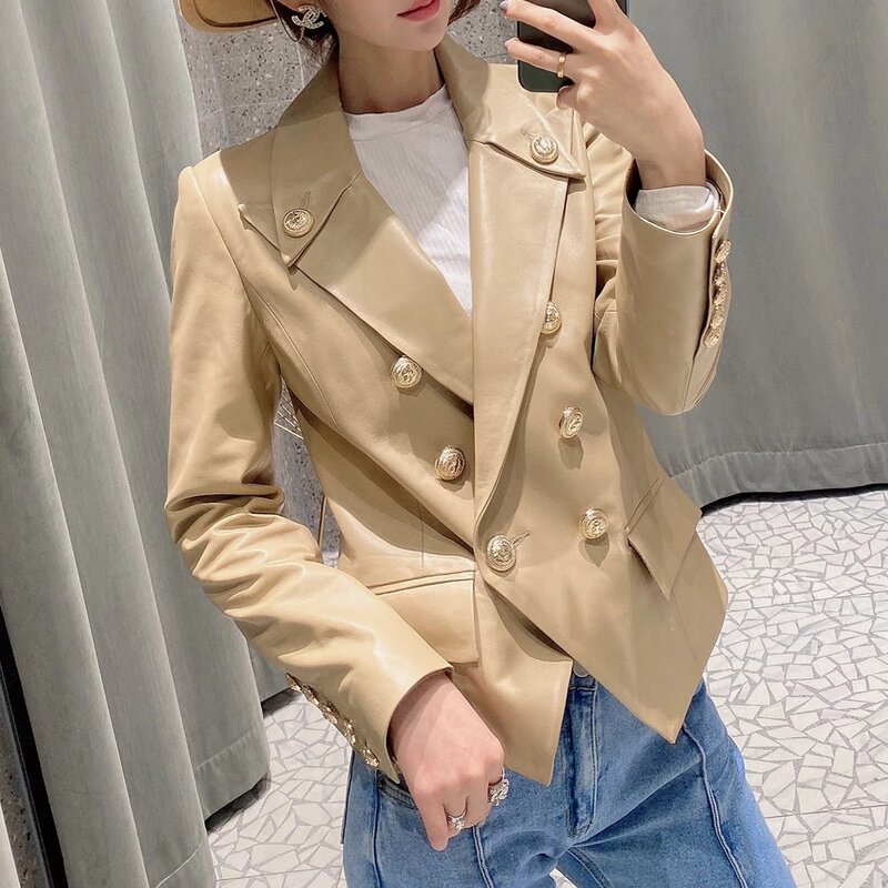 Lady Real Leather Jackets Double Breasted 2022 New Genuine Sheepskin Short Coat Button Design Fashion Autumn Winter Outwear 9079