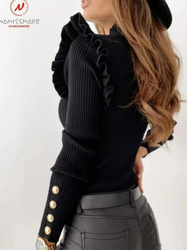 Элегантные женские осенне-зимние теплые свитера однобортный дизайнерский с оборками с высоким воротником и длинным рукавом однотонный тонкий трикотажный топ