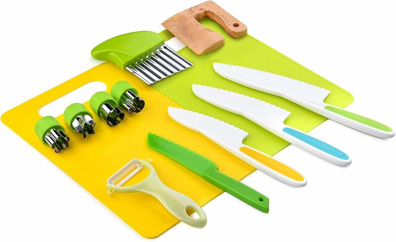 Juego de utensilios de cocina Montessori para niños pequeños, utensilios de cocina seguros para cocinar, cortador de arrugas, tabla de cortar, 13 piezas