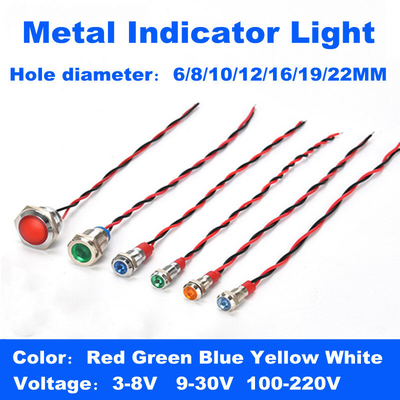 Lámpara indicadora de metal impermeable, señal de potencia de 3V, 5v, 6v, 12V, 24V, 110V, 220V, color rojo, amarillo y azul, 6/8/10/12/16/19/22MM/Verde/blanco