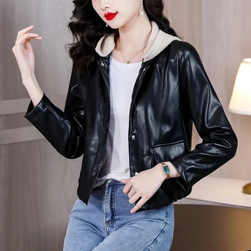 2023 Autumn New Fashionable Hooded PU Leather Jacket Women's Short Leather Coat Korean Trend Motorcycle Wear Leather Overcoat
