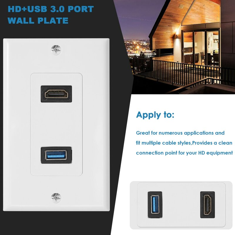 1x 2Port HDMI+USB 3.0 Female Wall Face Plate Panel Outlet Socket Extender White