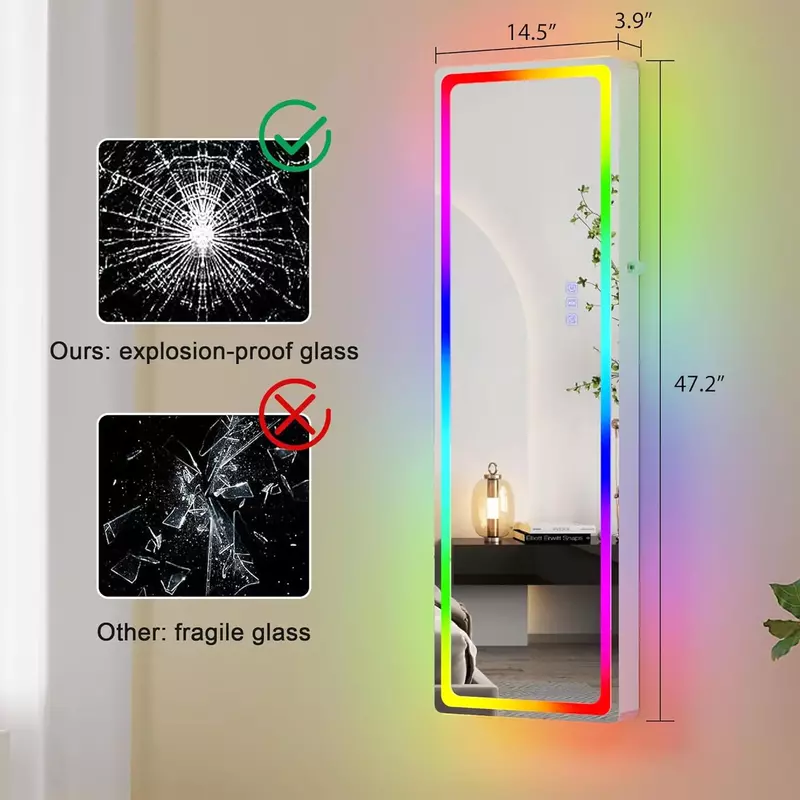 ตู้เครื่องประดับกระจก LED พร้อมไฟ RGB 47.2 "กล่องเครื่องประดับติดผนังพร้อมกระจกความยาวเต็มรูปแบบ2ลิ้นชักล็อคได้