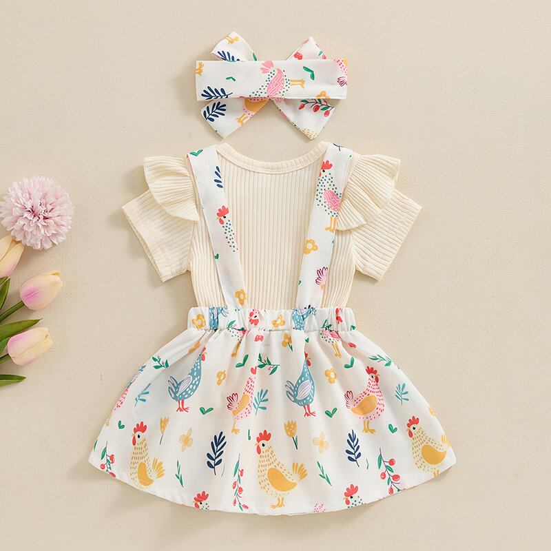 2024-04-10 Lioraitiin Baby Girl Summer Outfits Solid Color Ribbed Knit Romper Chicken Print Suspender Skirt Headband 3Pcs Set