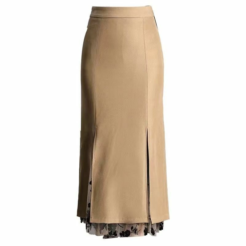 Ladies Spring Temperament Sexy Patchwork Net Yarn High Waist Hip wrap skirt Women Clothes Fashion Lace Solid Color skirt