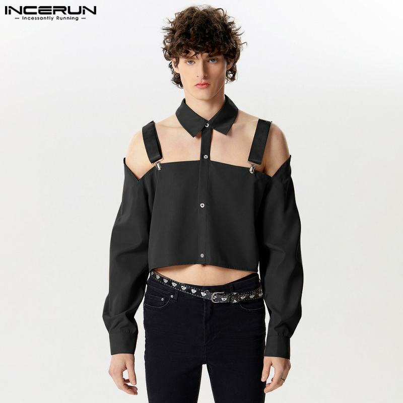 Топы INCERUN 2024, новая мужская Укороченная рубашка в американском стиле с полым дизайном, модная блестящая Мужская однотонная блузка с длинным рукавом