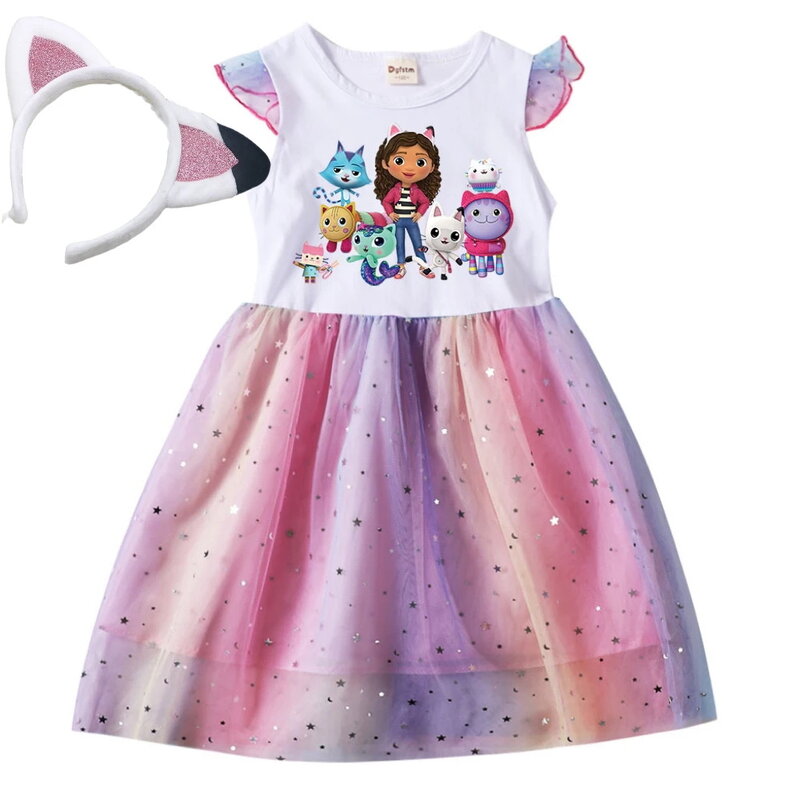 Gabby Dollhouse Girl Dress Children's Cartoon Mesh Star Princess Dress Kids Flying Sleeve Skirt + headwear 2pcs