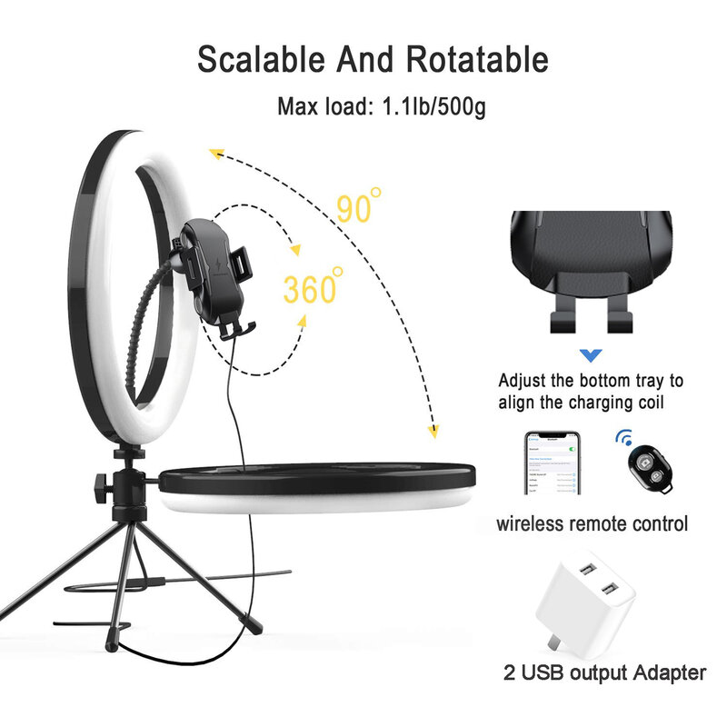 GAZ-126 10W Wireless Charger 2 in1 LED Ring Light 10 inch Fill Light Tripod Stand Phone Holder for Youtube Tiktok Live Streaming