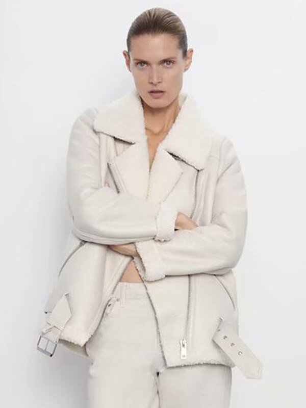 Jaket Kulit Imitasi Tebal dan Hangat Mantel Wanita Krem Lengan Panjang Jaket Sabuk Wanita 2022 Mode Musim Dingin Atasan Streetwear Baru