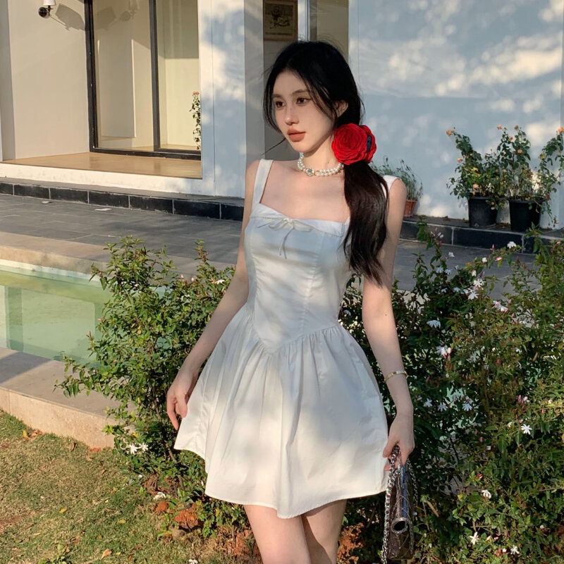 HOUZHOU Mini vestido blanco estético para mujer, vestidos de fiesta elegantes, cortos sin mangas, sin espalda, Sexy, dulce, Vintage, Y2k