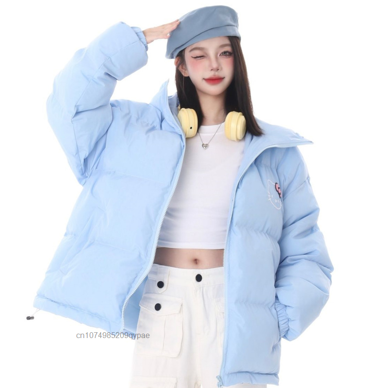 Sanrio mantel Hello Kitty pakaian katun tebal Wanita Atasan wanita baru musim dingin Y2k kardigan ritsleting manis pakaian roti Preppy