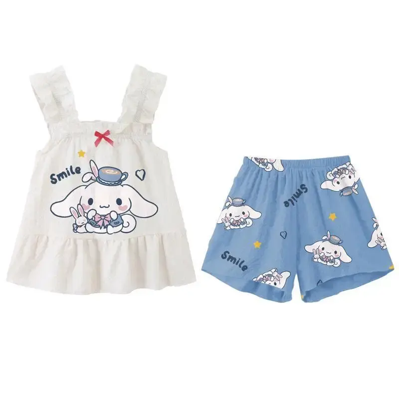Sanrio My Melody Cinnamoroll Kuromi chaleco para niña, pantalones cortos con tirantes, traje de pijama que absorbe el sudor, ropa de estar transpirable, regalo para niña