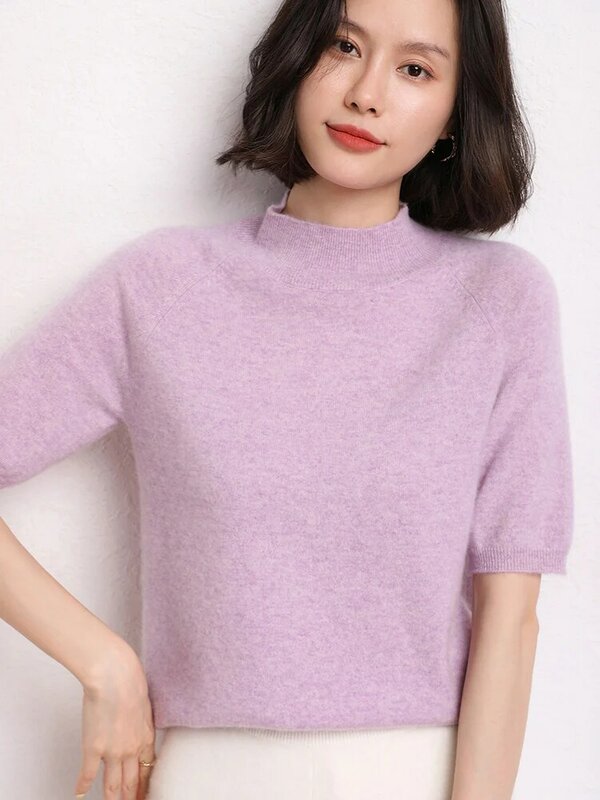 High-end Women Cashmere Pullover Sweaters For Spring Summer Mock Neck Half-sleeve T-Shirt Office Lady 100% Cashmere Knitwear