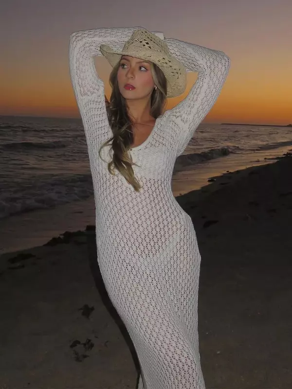Sexy Women White Long Knit Sleeve Bikin Fashion Cover Up Female See-Through Deep V-Neck Hollow-Out Beach Knitwear Backless Dress