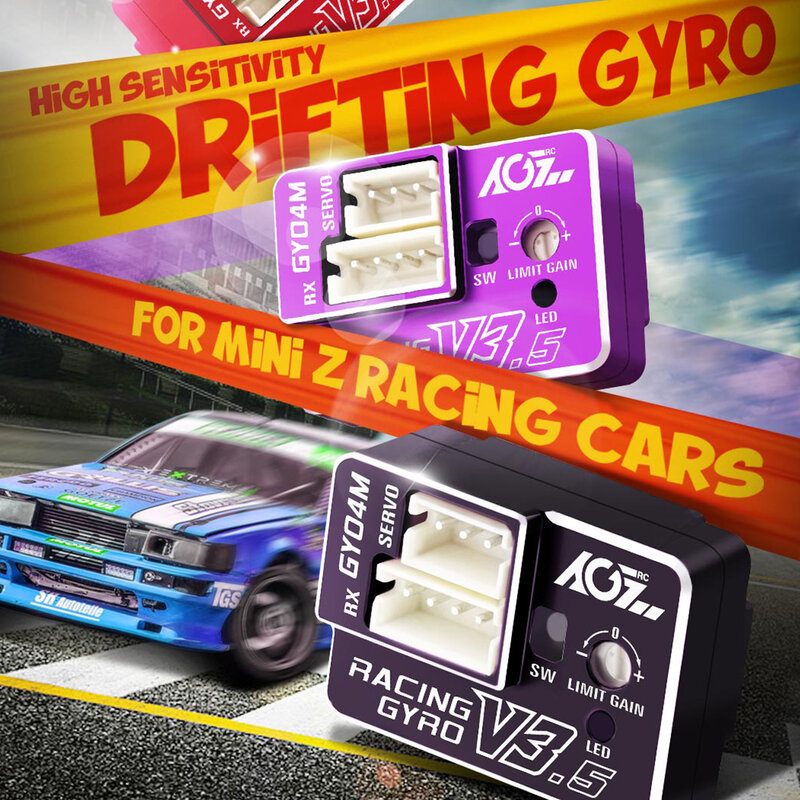 AGFRC-GY04M V3.5 com caixa de alumínio, Mini Dual Gain Steering, Gyro sintonizado para carro Mini-Z, Drift F1, Touring, Offroad, roxo, alta estabilidade
