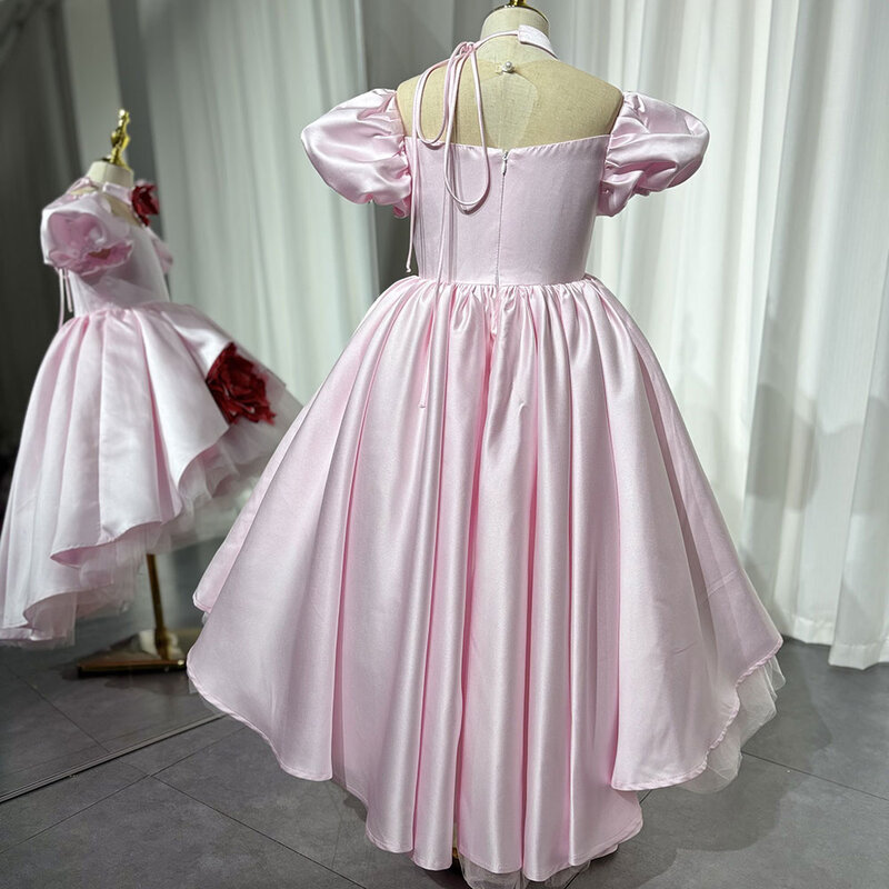 Jill Wish gaun elegan kerah kotak anak perempuan merah muda dengan gaun pesta dansa Satin bunga 3D untuk pesta pernikahan Komuni ulang tahun anak-anak J339