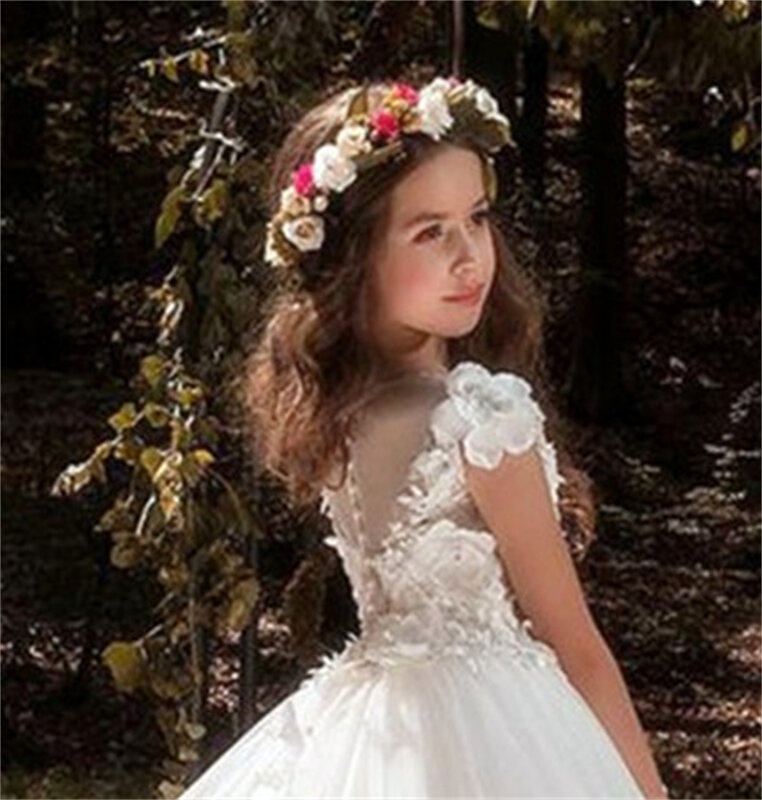 Vestido floral branco elegante para meninas, vestido de tule, borboleta, Applique 3D, festa de aniversário infantil, vestido de primeira comunhão