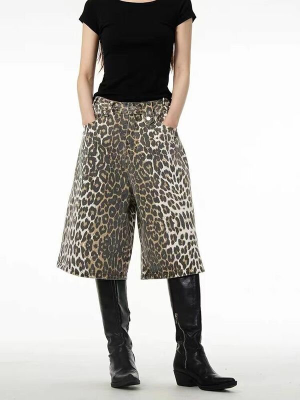 HOUZHOU-calça jeans leopardo vintage feminina, shorts jeans japoneses, streetwear extragrande, estilo dos anos 2000, moda coreana, Y2k, verão