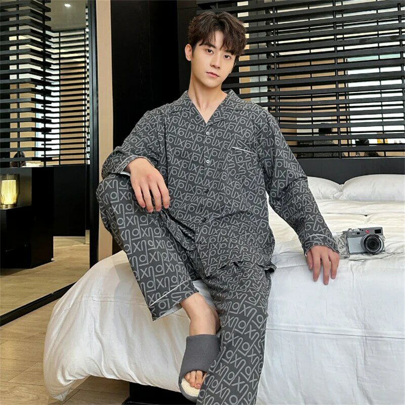 Pyjama imprimé fin pour hommes, manches longues à revers, cardigan et pantalon, ensemble deux pièces, vêtements de maison décontractés, printemps et automne