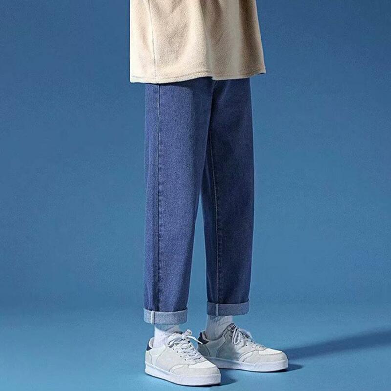 Jeans de perna larga masculino com bolsos com zíper, calça jeans, ajuste solto, streetwear casual, visual elegante