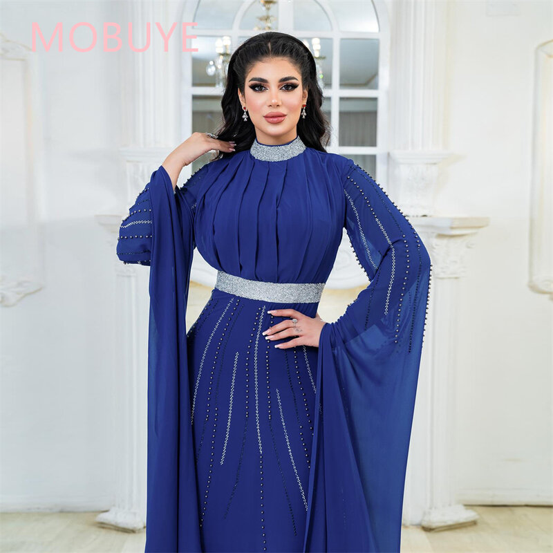 MOBUYE 2024 Arab Dubai O Necklien Prom Dress Long Sleeves With Floor Length Evening Fashion Elegant Party Dress For Women