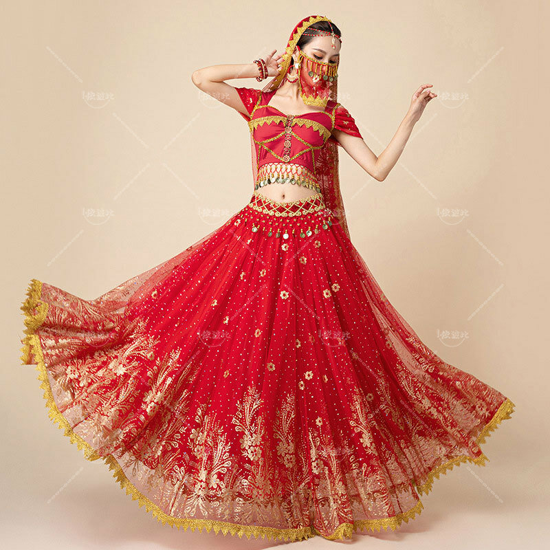 ชุดเต้นหน้าท้องของผู้หญิงเสื้อผ้าฮาโลวีนแบบอินเดียเสื้อผ้าบอลลีวูด