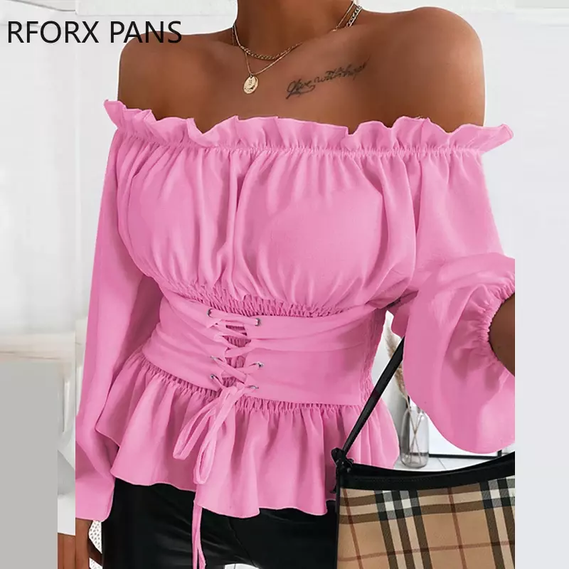 Off Shoulder Lace-up Front Ruffles Casual  Blouse Plus Size Tops Spring Tops and Blouses
