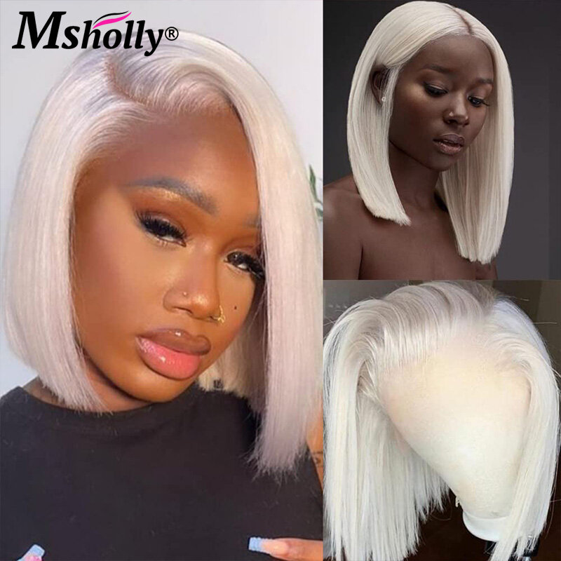 Platinum Short Bob Human Hair Wig 13x4 Lace Front Human Hair Wig White 60 Blonde Colored Straight Bob Wigs Preplucked Hairline
