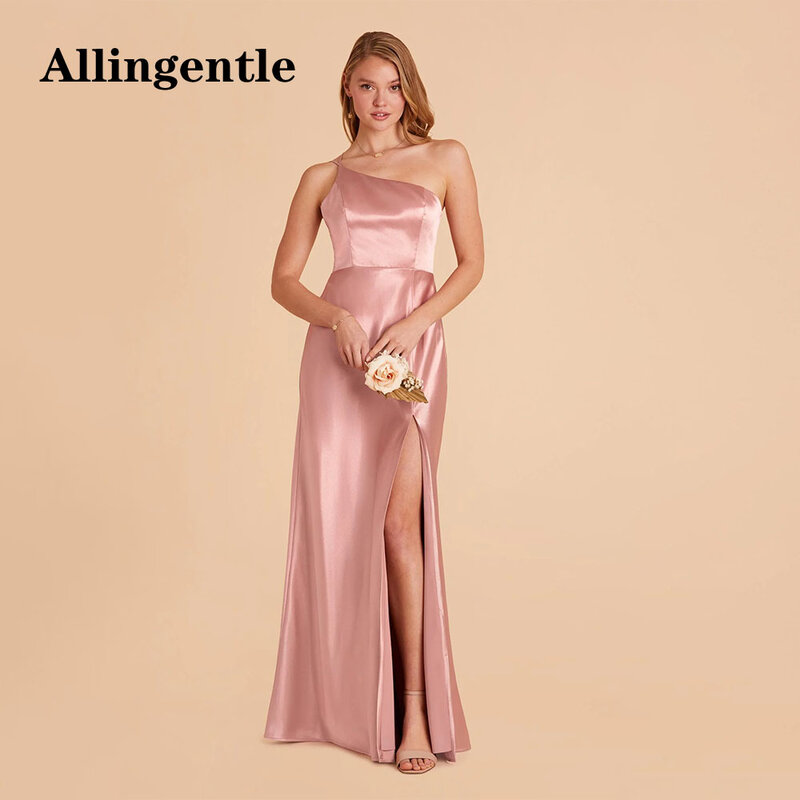 Allingentle 웨딩 2024 원숄더 새틴 신부 들러리 드레스, 민소매 A 라인 사이드 슬릿 바닥 길이, 격식 있는 파티 가운