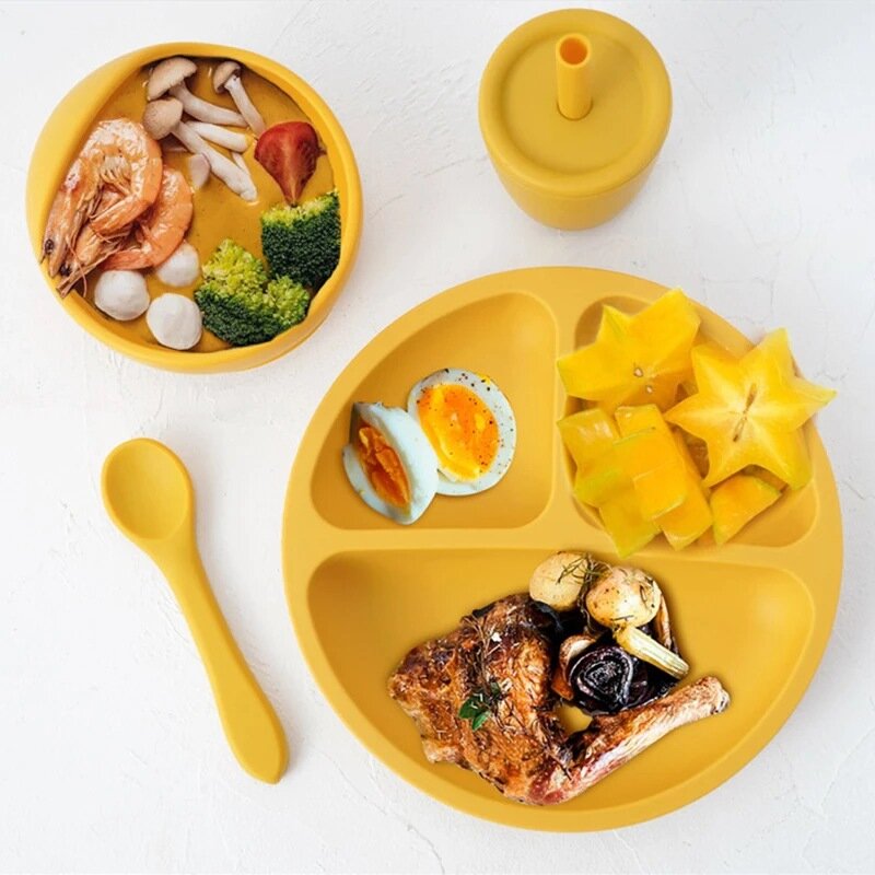 Plato de comedor de silicona seguro para bebé, platos de dibujos animados, vajilla de entrenamiento para alimentación de niños, cuencos con ventosa