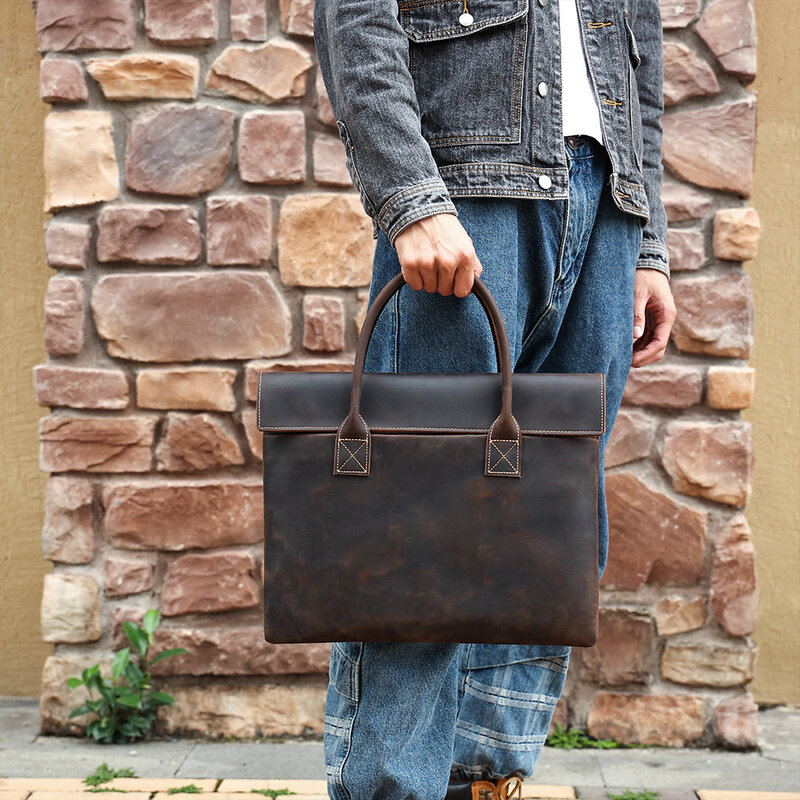 Crazy Horse Leather Men Briefcase Vintage Male Portfolio Laptop Office Business Work Bag Minimalist Handbag Tote New