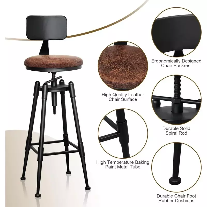 Bar Stools Set of 2, Adjustable Vintage Bars Stoolses Round Leather Metal Stools Counter with Backs, Bar Chair