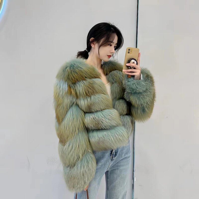 Faux Fox Pelzmantel für Frauen, O-Ausschnitt kurze Jacke, dicke warme Kleidung, offene Stiche, hohe Qualität, Herbst und Winter, 2023